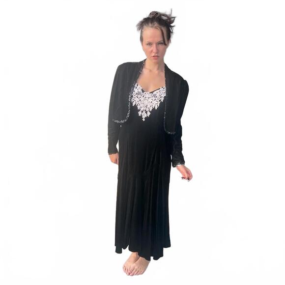 Gunne Sax Blk Velvet Sweetheart Spaghetti Strap Dress&Cropped Sequin Jacket - Picture 1 of 9